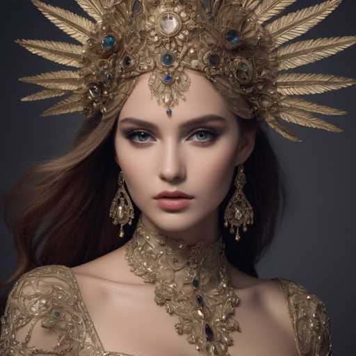 The image shows a woman with long brown hair wearing a gold crown and earrings that include blue stones. The background is dark gray, which contrasts with the woman's golden attire.