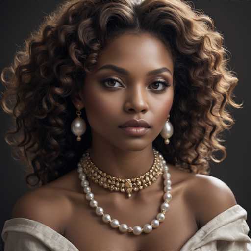 The image shows a close-up portrait of a woman with long curly hair and large pearl earrings. She is wearing a white dress that contrasts with her dark skin tone. The background is black, which makes the colors in the foreground stand out even more.