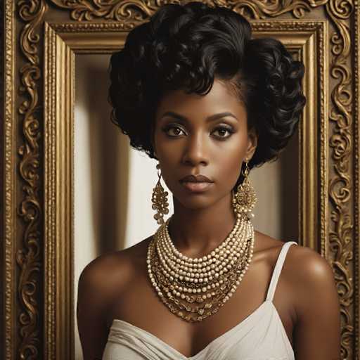 A woman with curly hair wearing a white dress and gold jewelry stands against a gold-framed mirror.