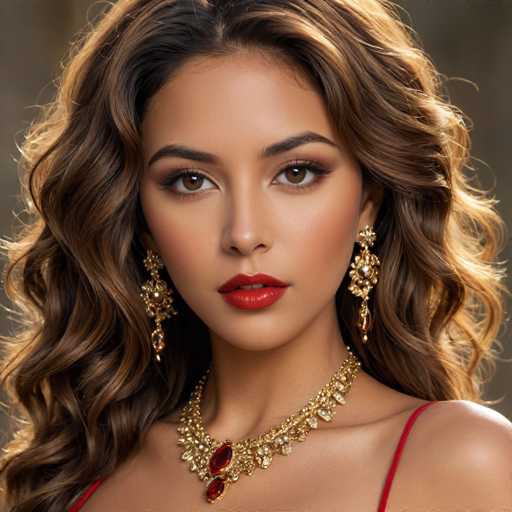 The image shows a woman with long brown hair wearing a red dress and gold jewelry. She is looking directly at the camera with a serious expression on her face.