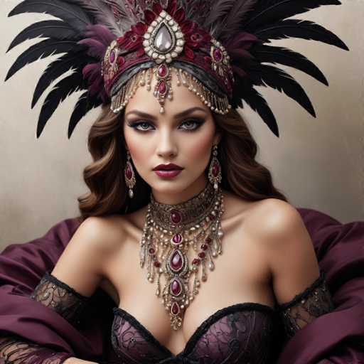 The image shows a woman wearing a large headdress and earrings with red jewels. She is dressed in a black dress that has lace sleeves. The background of the image is white, which contrasts with her dark attire.