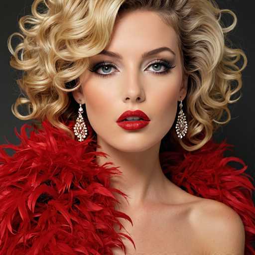 The image shows a woman with blonde hair styled in loose curls and wearing red lipstick. She is wearing earrings that match the color of her lipstick. The background is black, which contrasts with the woman's features and makes them stand out.
