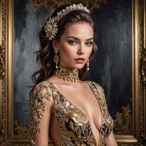 A woman is captured in a portrait against a dark background with gold accents. She wears a stunning gold and black dress that features intricate designs on the bodice and skirt. The woman's hair is styled in an elegant updo, and she wears a large, ornate headpiece adorned with jewels.