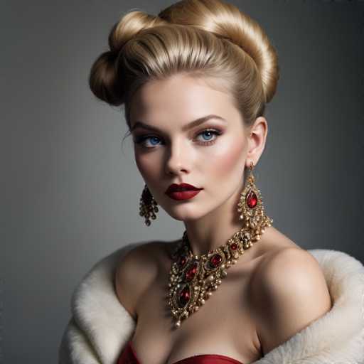 The image shows a woman with blonde hair wearing a red dress and gold jewelry, including a large necklace with red gemstones that sparkles against the gray background. The woman is looking directly at the camera with an air of confidence and elegance.