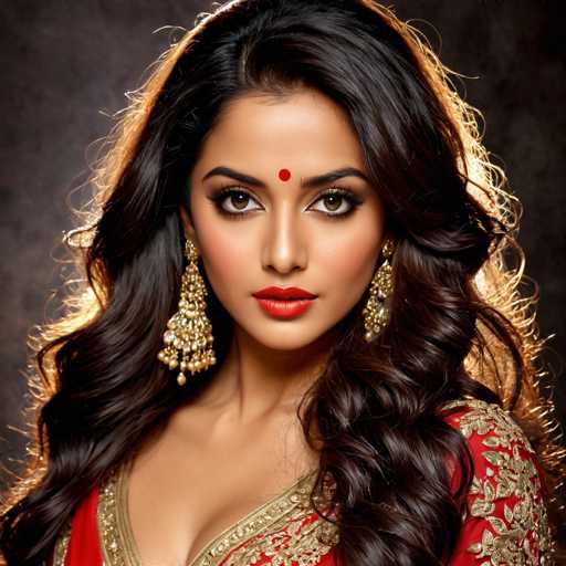 The image shows a woman with long dark hair wearing traditional Indian clothing and gold earrings. She is looking directly at the camera with an intense gaze. The background of the image is black, which contrasts with her attire and accentuates her features.