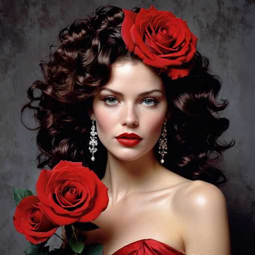 A woman with long brown hair is the main subject of this image. She has a large flower crown on her head and is wearing a red dress. The background features a gray wall that contrasts with the vibrant colors of the flowers in her hair.
