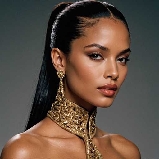 The image shows a woman with long dark hair wearing a gold necklace and earrings. She is looking directly at the camera with an expression of concentration or thoughtfulness on her face. The background is a plain gray color that puts the focus entirely on the subject.