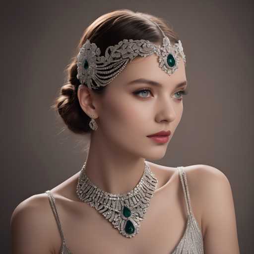 A woman is captured from the shoulders down, wearing a silver headpiece adorned with green gemstones and a necklace featuring large, sparkling diamonds. The background is a light gray color that contrasts with her attire, making her stand out.