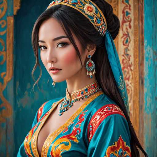 The image shows a woman with long dark hair wearing traditional Chinese clothing and jewelry. She is looking directly at the camera with an expression of concentration or contemplation. The background features a blue wall adorned with gold designs that complement her attire.