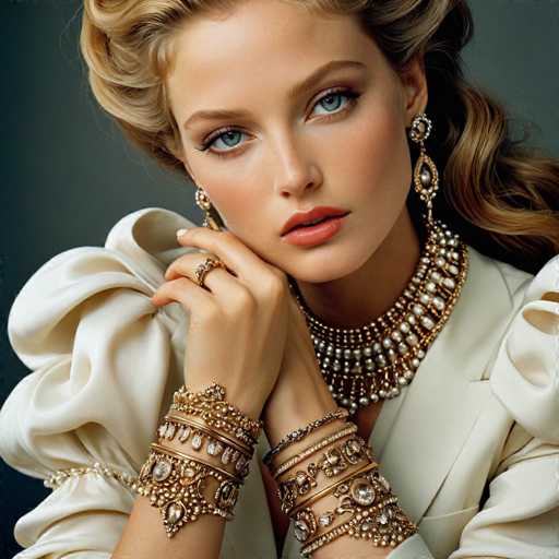 A woman with blonde hair and blue eyes is wearing a white blouse and gold jewelry, including a necklace and bracelets.
