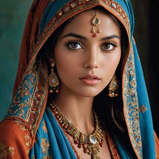 The image shows a woman wearing traditional Indian attire with a blue and gold headscarf draped over her shoulders. She is also wearing an orange and gold necklace and earrings that complement the colors of her headscarf. The background features a green wall adorned with gold designs, adding to the overall richness of the scene.