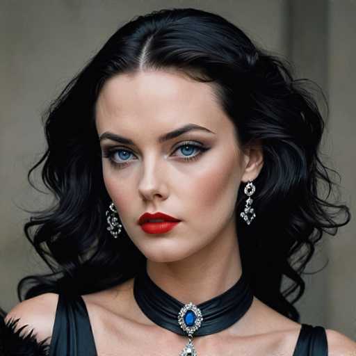 A woman with long dark hair wearing a black dress and earrings featuring blue gemstones is the main subject of this image. The background appears to be a plain wall or building, providing a neutral backdrop that allows the focus to remain on the woman's features and attire.