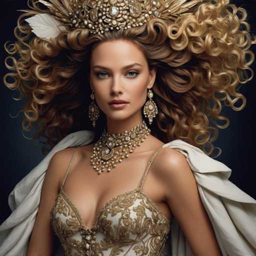 A woman with long blonde hair is wearing a gold and white dress adorned with intricate designs and a large crown on her head. She is also wearing a necklace made of pearls and earrings that complement the overall look. The background is dark blue, which contrasts with the light brown color of the woman's hair and dress, making them stand out.