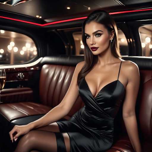 A stunning woman with long, dark brown hair cascading over her shoulders is seated in a luxurious black leather car. She exudes elegance in a sleek, black dress that features a single strap over her left shoulder and a low-cut neckline. Her dress is complemented by black pantyhose, and she wears a confident smile as she gazes off to the left. Her right hand rests gracefully on her right knee, while her left hand is placed on the car's side. The interior of the car is equally opulent, with a black ceiling adorned by a red line that adds a touch of sophistication. The car's windows are tinted, and the interior is lined with rich brown leather, enhancing the overall luxurious ambiance.