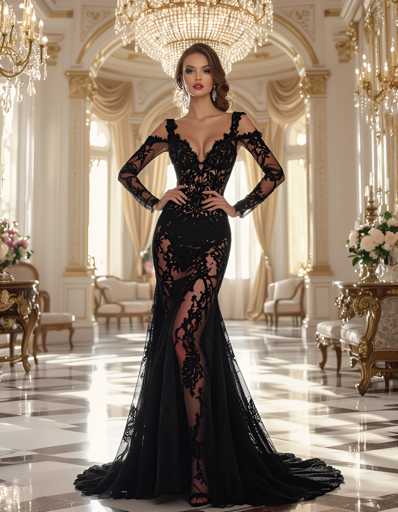 A woman is standing in an opulent room with a chandelier hanging from the ceiling and gold accents throughout the space. She is wearing a long black dress with lace detailing on the bodice and skirt, which features a high neckline and train. The room has white walls and gold accents, including a large window that allows natural light to flood in. A vase of flowers sits on a table next to the woman's feet.