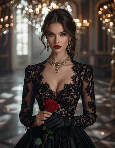 The image depicts a strikingly beautiful woman, possibly a model, standing in an opulent ballroom. She is dressed in an exquisite black lace gown with a deep V-neckline that reveals a hint of cleavage. The dress features long sleeves adorned with intricate lace patterns and a voluminous skirt that flares out dramatically. Her dark brown hair is styled in an elegant updo with loose, curly tendrils framing her face. She wears bold red lipstick and heavy eye makeup, accentuating her captivating green eyes. Around her neck is a lavish diamond choker necklace, and she holds a vibrant red rose in her gloved hands. The background is softly blurred, highlighting the grandeur of the ballroom with its shiny, reflective floor, tall windows, and ornate chandeliers that cast a warm glow. The overall scene exudes an air of sophistication and elegance, reminiscent of a high-fashion magazine spread.