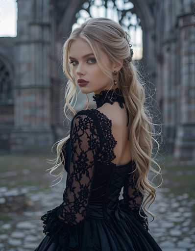 In this captivating photograph, a young woman stands gracefully in front of a grand, gray stone cathedral, exuding an air of timeless elegance. She is adorned in a stunning black lace dress, which features a deep V-neckline that reveals her shoulders and back, adding a touch of allure to her ensemble. The dress is intricately designed with delicate lace sleeves that extend to her elbows, where they are beautifully ruffled. The voluminous skirt of the dress is made of a soft, flowing fabric, enhancing her ethereal appearance.

Her long, wavy blonde hair cascades down her back, with a portion elegantly pulled up into a loose bun at the nape of her neck, accentuated by a black hair clip. She wears striking red lipstick that complements her fair complexion, and her eyes are a mesmerizing shade of blue. A single gold earring dangles from her ear, catching the light and adding a touch of sparkle to her look.

The woman stands with her back to the camera but has turned her head to gaze directly into the lens, creating a powerful and engaging connection with the viewer. The background, though slightly blurred, reveals the majestic stone walls of the cathedral, with sunlight streaming through its windows, casting a warm glow over the scene. The ground beneath her is a mix of stone and patches of grass, adding to the serene and picturesque quality of the image.