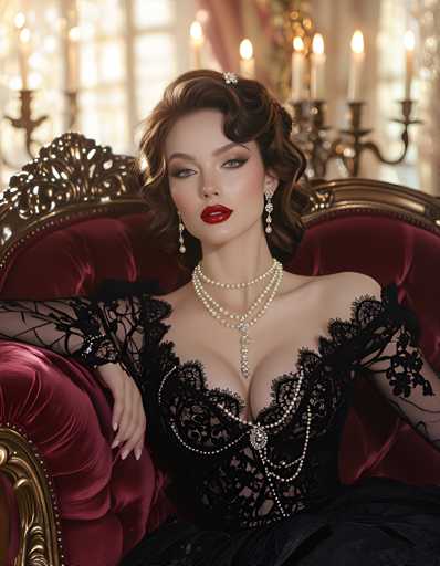 A woman is seated on a red velvet couch with her legs crossed and wearing a black lace dress that falls just below the knee. She has long brown hair styled in loose curls and is wearing a pearl necklace and earrings. The background features a chandelier hanging from the ceiling, casting light onto the scene.