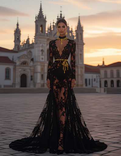 A woman is standing on a cobblestone street in front of a white building with red roofs and gold accents. She is wearing a black lace dress that falls down to her knees, and she has a gold necklace around her neck. The sky above them is painted in shades of orange and pink, suggesting either sunrise or sunset.