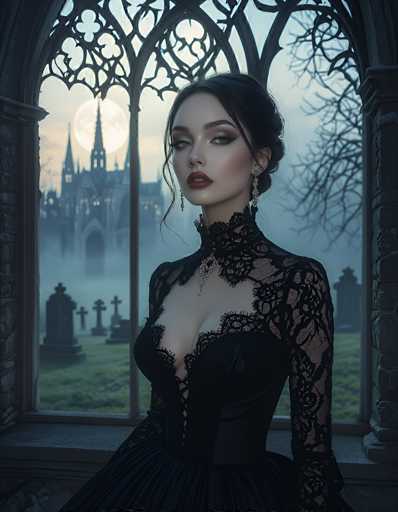 The image portrays a strikingly beautiful woman with dark hair styled in an elegant updo, adorned with a few delicate strands framing her face. She is wearing a black lace dress with a deep V-neckline that reveals a hint of cleavage, and the dress features long sleeves that extend to her wrists. Her makeup is bold, with dark red lipstick and smoky eye makeup that accentuates her dark eyebrows. She accessorizes with long, dangling earrings and a necklace that appears to be made of diamonds or pearls.

The woman is seated in front of a large, ornate window with intricate metalwork and stone trim, which offers a view of a cemetery. The cemetery is filled with various headstones, some rounded and others square, all topped with crosses. Beyond the cemetery, a grand, castle-like structure with tall, pointed towers and illuminated windows stands against a backdrop of a large, full moon. The scene is enveloped in a misty fog, adding to the eerie and gothic atmosphere. A bare tree with no leaves is visible to the right, further enhancing the haunting ambiance. The overall image has a dark, almost AI-generated quality, with a slightly surreal and eerie feel.