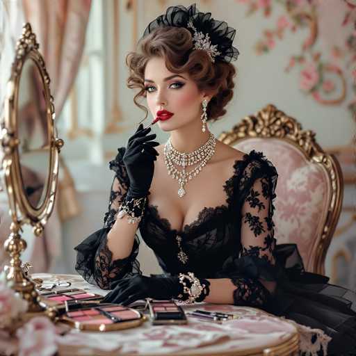 The image depicts a woman in a Victorian-style setting, adorned in an elaborate black lace dress with intricate floral patterns. Her ensemble is complemented by a matching black lace headpiece, which features a silver floral accent. She has short, curly brown hair styled in an updo, and her face is accentuated with heavy makeup, including bright red lipstick and dark eyeliner. 

Her attire is further embellished with multiple silver necklaces, a prominent silver pendant necklace, and several bracelets on both wrists. She wears long, dangling silver earrings that add to her opulent appearance. 

The woman is seated at a round table, which is covered with a white tablecloth featuring a pink floral pattern. On the table, there is a gold-framed mirror, a silver hair clip, and various makeup items, including black and pink compacts and a silver tube. 

Behind her, a gold-framed chair with a pink floral cushion adds to the luxurious ambiance. The background reveals a white wall adorned with pink floral wallpaper and a white window with gold trim. Pink curtains frame the window, completing the Victorian aesthetic of the scene.