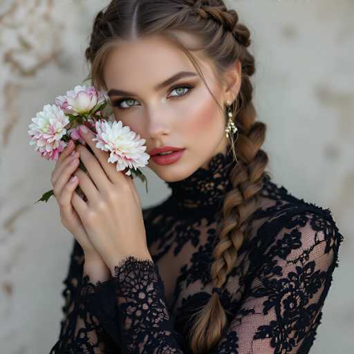 This image features a stunning young woman, likely in her late teens or early twenties. She has a fair complexion and captivating green eyes that are accentuated by her makeup. Her lips are adorned with a soft pink lipstick, and her cheeks are blushed with a delicate pink blush. Her makeup is further enhanced by her dark, defined eyebrows and a touch of mascara that highlights her lashes.

Her hair is styled in an elegant braided updo, with a few loose strands framing her face. The braid drapes over her shoulder, adding a touch of grace to her overall look. She is holding a small bouquet of flowers, which includes white and pink blooms, with some green leaves interspersed. The bouquet is cradled in her hands, with her fingers gently touching the petals.

Her attire is equally striking. She is wearing a black lace dress that features intricate floral patterns. The dress has a high neckline and long sleeves, with delicate lace detailing around the cuffs. The fabric appears to be a combination of black and a sheer, almost pink hue, adding depth and texture to the garment.

The background of the image is a muted gray, which serves to highlight the woman's features and her attire. The overall composition of the photograph is simple yet elegant, allowing the viewer to focus on the young woman's natural beauty and her sophisticated style.