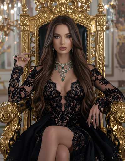 A woman is seated on a golden throne with her legs crossed and hands resting on the seat. She wears a black dress adorned with gold lace detailing and a necklace featuring green gemstones. The background features a chandelier and ornate decorations, suggesting an opulent setting or palace-like environment.