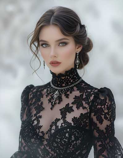 A woman is captured in a close-up portrait against a white background. She is wearing a black lace top with a high neckline and cinched waist, paired with a long train that flows down to her feet. The woman's hair is styled in an elegant updo, and she is wearing earrings and a necklace.