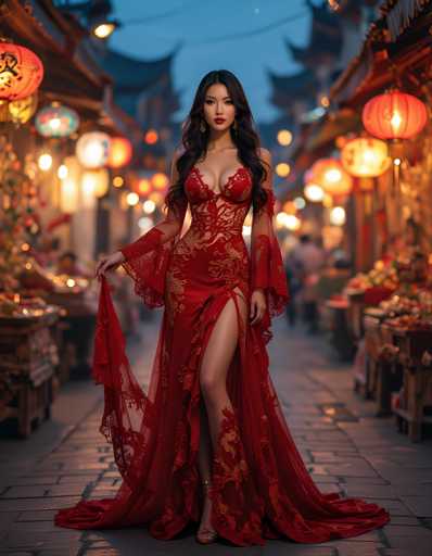 A woman is standing on a cobblestone street at night, wearing a long red dress with gold accents and high heels. The street is lined with lanterns that cast a warm glow, creating an enchanting atmosphere. In the background, there are buildings adorned with traditional Chinese architecture, adding to the cultural richness of the scene.