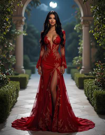A stunning, full-length portrait of a woman in a vibrant red, intricately embroidered gown. The dress features long sleeves and a deep, plunging neckline with delicate gold detailing. A high slit reveals her legs, and the gown flows to the floor in a dramatic train. She wears long, dark hair styled with soft waves and large gold earrings. Her expression is serene, and she stands in a beautifully lit outdoor setting with lush greenery and an arched pathway. The background is softly blurred, emphasizing the woman as the focal point.