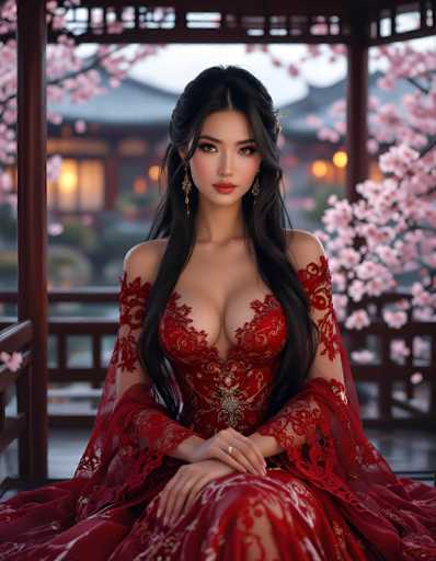 A captivating image features a young Asian woman, likely in her early 20s, seated gracefully in a traditional Japanese setting. She has long, dark hair cascading down to her waist, with a few strands elegantly tucked behind her ears. Her complexion is fair, and she wears striking red lipstick that complements her delicate features. Adorning her ears are long, dangling earrings that add a touch of sophistication to her look.

Her attire is a stunning red dress with intricate lace detailing, featuring a deep neckline that accentuates her cleavage. The dress has sheer sleeves that reveal her arms, adding an element of allure to her ensemble. A ring graces her left hand, which rests gently on her right wrist, exuding a sense of poise and elegance.

The background is softly blurred, drawing attention to her serene expression. Behind her, cherry blossom trees in full bloom add a touch of natural beauty to the scene. A traditional Japanese house with a distinctive roof can be seen in the distance, further enhancing the cultural ambiance of the image. The overall composition captures a moment of quiet beauty and grace, set against a backdrop that speaks to ancient traditions and natural splendor.