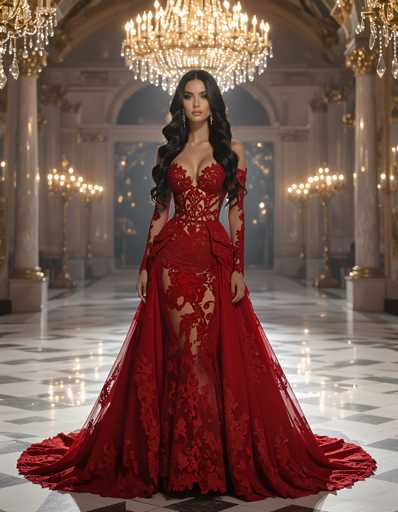A woman is standing in front of a large chandelier and a grand archway with gold accents. She is wearing a long red dress with lace detailing on the bodice and skirt, which features a train at the bottom. The background includes marble columns and other architectural elements that contribute to an opulent atmosphere.