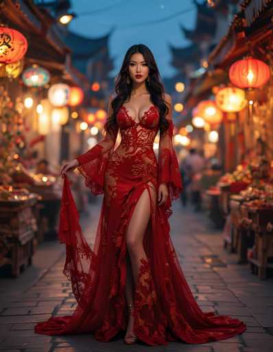 A stunning woman in a vibrant red, intricately embroidered gown stands confidently in the center of a bustling, warmly lit marketplace. The dress features long, sheer sleeves and a high slit, revealing her toned legs. Her dark hair cascades around her shoulders, adorned with delicate gold earrings. She holds the flowing fabric of the dress in one hand, her gaze directed towards the viewer with a captivating expression. The background is softly blurred, showcasing colorful lanterns and market stalls bathed in warm light, creating a festive and enchanting atmosphere. The overall lighting is soft and dramatic, highlighting the woman's figure and the intricate details of her gown.