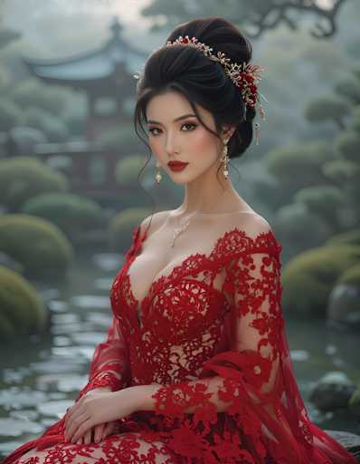 A stunning portrait of a beautiful woman in an elaborate red lace gown, seated gracefully near a tranquil pond. The woman has long, dark hair styled in an elegant updo adorned with floral accents and delicate jewelry. Her makeup is sophisticated, emphasizing her features with a bold red lip and defined eyes. She gazes softly at the viewer, exuding an air of elegance and serenity. The background features a blurred landscape with lush greenery and a traditional Asian-style building in the distance, creating a dreamy and romantic atmosphere. The lighting is soft and diffused, highlighting the intricate details of her gown and jewelry while creating a sense of depth and tranquility.