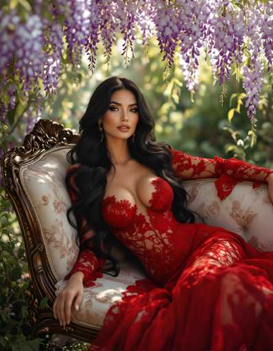 A woman is seated on an ornate chair with a white cushion and gold frame, wearing a red dress with lace detailing that falls down to her knees. The background features purple flowers and green foliage, creating a serene garden-like setting.