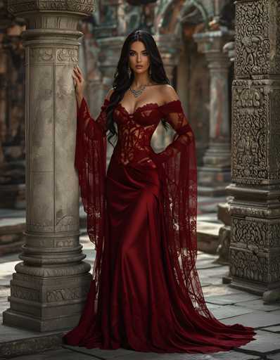 A woman is standing in front of a stone column with her arms resting on it and wearing a long red dress with lace sleeves and a corset top. The background features a stone archway leading to another room, suggesting an old or historic setting.