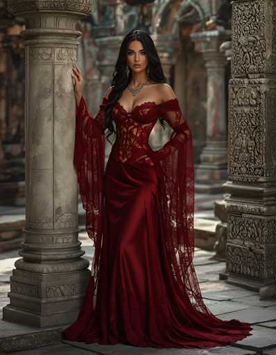 A stunning woman stands gracefully in front of an intricately carved stone pillar, her long, flowing black hair cascading down her shoulders. She wears a breathtaking red dress with a deep V-neckline, adorned with lace details that extend over her shoulders and down her arms. The dress features a corset-like bodice with lace panels, transitioning into a smooth, satin skirt that flows elegantly to the floor. Her right hand rests gently on the pillar, while her left hand is placed confidently on her hip. She accessorizes with a sparkling diamond necklace and dangling earrings, enhancing her regal appearance. The background reveals more stone pillars, some with a greenish patina, adding to the ancient and majestic ambiance of the scene.