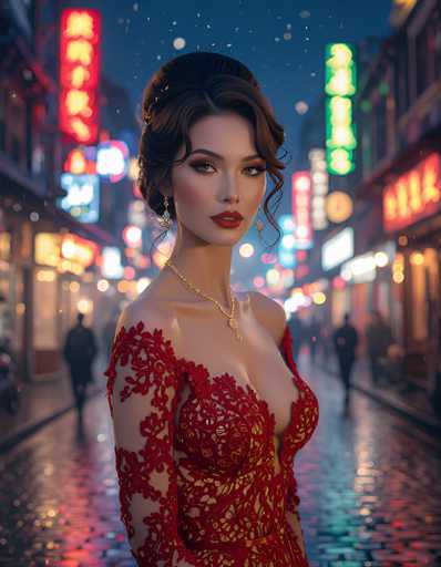 The image portrays a stunningly beautiful woman standing in the middle of a cobblestone street at night, likely in an Asian city such as Tokyo or Hong Kong. She is the focal point of the photograph, with her dark brown hair elegantly styled in an updo. Her makeup is meticulously applied, featuring red lipstick and eye shadow, and she wears a gold necklace with a pendant. Her attire is a striking red lace dress with a plunging neckline, which reveals her cleavage and shoulders. The dress is adorned with intricate gold floral patterns, adding to her glamorous appearance. She also wears dangling earrings that complement her outfit. The background is blurred, highlighting the neon signs and buildings with Asian characters, which cast a colorful glow of reds, greens, and yellows onto the street. The wet cobblestones reflect the vibrant lights, enhancing the overall ambiance of the scene.