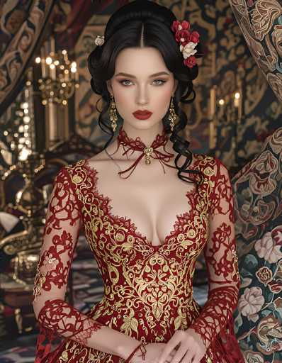 This image portrays a highly detailed, computer-generated or AI-generated artwork of a young woman, likely in her 20s, with fair skin and striking features. She has long, dark brown hair styled in an elegant updo with two side pieces framing her face. Her makeup is meticulously applied, featuring bold red lipstick and smoky eye makeup that accentuates her light-colored eyes. She wears long, dangling gold earrings and a red lace choker adorned with a gold pendant.

Her attire is a stunning, low-cut red dress with intricate gold embroidery, featuring sheer sleeves and a lace overlay that extends from her neck to her wrists. The dress is form-fitting, highlighting her figure, and has a deep V-neckline. She stands with her hands clasped in front of her, exuding a poised and graceful demeanor.

The background is richly detailed, with a tapestry-like pattern in shades of brown, red, and green, adding to the overall luxurious and historical ambiance of the scene. The setting appears to be a grand, ornate room with a chandelier hanging from the ceiling, enhancing the image's opulent feel.