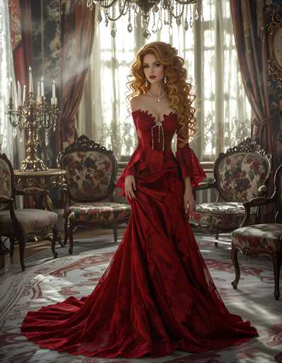 The image depicts a highly detailed, computer-generated scene of a woman standing in an opulent room. She is wearing a long, flowing red dress adorned with intricate floral patterns and lace details. The dress features a sweetheart neckline, a corset-like bodice, and puffy sleeves that taper into bell shapes. The woman has long, curly blonde hair cascading down her shoulders and is accessorized with a silver necklace, earrings, and red lipstick. She stands on a white rug with red designs, surrounded by four ornate chairs with floral patterns and dark wood frames. Behind her, a large window with red curtains allows sunlight to stream into the room, illuminating the space. A chandelier hangs from the ceiling, adding to the luxurious ambiance. To the left of the window, a candelabra with lit candles sits on a table, enhancing the room's elegant and richly decorated appearance.
