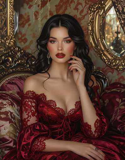 The image depicts a highly detailed, AI-generated illustration of a young woman with long, dark brown hair, styled with a middle part and cascading curls. She has striking green eyes, accentuated by dark eyebrows and heavy eye makeup, including dark eyeshadow and mascara. Her cheeks are blushed, and she wears a bold red lipstick that highlights her full lips. She is adorned with dangling earrings that feature red stones and intricate metalwork.

The woman is dressed in a luxurious, low-cut red dress made of shiny satin fabric, embellished with lace details around the neckline and sleeves. The dress is form-fitting, emphasizing her figure, and features a bow tie at the front. She is seated on a grand, ornate chair with a gold frame and red cushions, which are decorated with white floral patterns. Her right arm rests on her leg, while her left hand is raised to her face, with her index finger touching her lips, giving a contemplative expression.

The background of the image is richly detailed, with a gold-framed mirror behind her, reflecting a chandelier and adding to the opulent atmosphere. The wallpaper features a cream base with red floral designs, complementing the overall luxurious setting. The woman's pose and attire, combined with the elaborate surroundings, create an impression of elegance and sophistication.