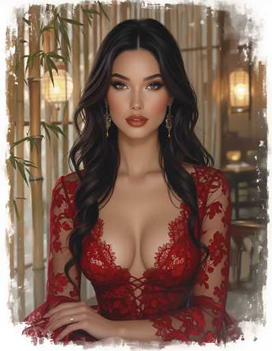 This image features a stunning, AI-generated woman with long, wavy black hair cascading past her shoulders. She has a tanned complexion, accentuated by her striking green eyes and full lips adorned with red lipstick. Her makeup is meticulously applied, with a touch of blush on her cheeks. She is dressed in a red lace dress that reveals a significant amount of cleavage, and the dress has sheer, see-through sleeves. Her right hand, adorned with a ring on her middle finger, rests elegantly on a table. The background is a beautifully detailed room with bamboo walls, a bamboo door, and a bamboo window. A lit lantern hangs from the ceiling, casting a warm glow, while a plant with green leaves adds a touch of nature to the scene. The overall ambiance is one of serene elegance, with the woman's poised demeanor and the room's intricate decor creating a captivating visual.
