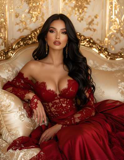 A stunning photograph captures a woman with long, dark brown hair cascading over her left shoulder. She is seated on an ornate, gold-trimmed couch, exuding elegance in a red lace dress that features a low neckline and long sleeves. Her right arm rests gracefully on the armrest of the couch, while her left arm is positioned between her legs. The woman's head is slightly turned to the left, her gaze directed off to the side, and her lips are slightly parted, revealing her top teeth. She wears a ring on her right hand's ring finger, adding a touch of sparkle to her ensemble. The background is a luxurious white wall adorned with intricate gold designs, enhancing the overall opulence of the scene.