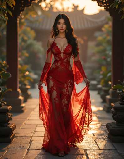 A woman is standing on a stone path in front of an ornate archway with red and gold accents. She is wearing a long, flowing red dress that reaches down to her feet, and she has her hair styled in loose waves. The setting appears to be a garden or park-like area, as indicated by the presence of potted plants around the woman.