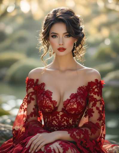 A stunning photograph captures a young woman, likely in her early 20s, with an exquisite blend of natural beauty and artistic elegance. She has long, dark brown hair styled in a sophisticated updo, with soft curls cascading down the sides of her face. Her complexion is fair, and she wears a touch of blush that enhances her natural glow. Her eyes are accentuated with dark, defined eyebrows and a hint of eyeliner, complementing her striking green eyes. Her lips are painted a vibrant red, adding a pop of color to her serene expression.

She is adorned in a breathtaking red lace dress that exudes romance and sophistication. The dress features a deep V-neckline that gracefully reveals her shoulders and upper chest, while the long sleeves drape elegantly over her arms. The intricate lace pattern adds texture and depth to the garment, making it a true centerpiece.

The woman is seated with her hands resting on her knees, exuding a poised and tranquil demeanor. The background is softly blurred, suggesting a natural setting with hints of greenery and possibly a body of water, which adds to the overall ethereal quality of the image. The focus remains entirely on her, highlighting her beauty and the exquisite details of her attire.
