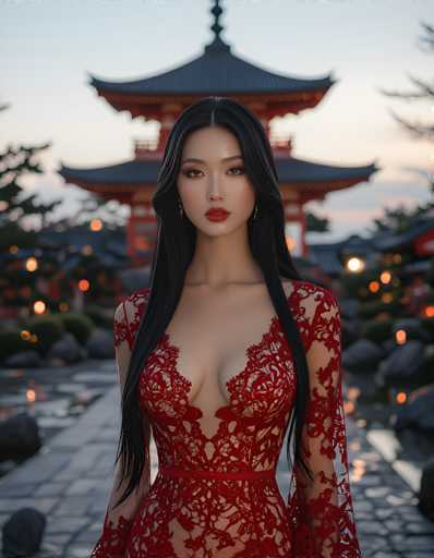 A stunning photograph captures a young Asian woman, likely in her early 20s, standing gracefully in front of a traditional Japanese pagoda. She has long, straight black hair cascading down to her waist and wears vibrant red lipstick that complements her striking features. Her attire is a breathtaking red lace dress with a deep V-neckline that reveals a hint of cleavage, and the dress is cinched at the waist with a matching red belt. The sleeves of her dress are sheer, adding an ethereal touch to her elegant ensemble. She stands on a stone walkway, with the pagoda's distinctive black roof and red structure serving as a majestic backdrop. The scene is bathed in the soft, warm light of either sunrise or sunset, with the sky painted in hues of pink and blue. Surrounding her are lush green trees and bushes, interspersed with glowing lanterns that add a touch of enchantment to the serene setting.