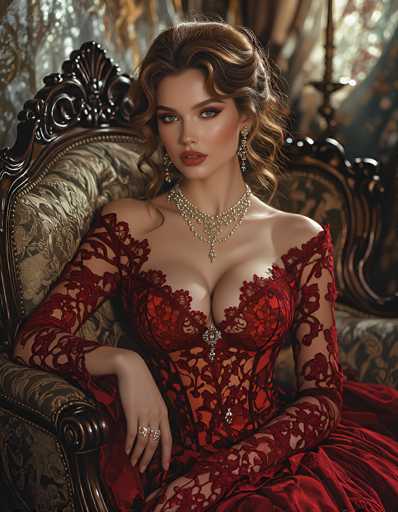 The image depicts a highly realistic, AI-generated woman with light skin and brown hair styled in an elegant updo. She is seated in a luxurious, ornate chair that features intricate gold and brown designs. The woman is adorned in a striking red dress with a deep neckline, which is made of sheer, lace-like material that reveals her arms and shoulders. The dress has a corset-like bodice with a prominent silver brooch at the center. She wears multiple pieces of jewelry, including a thick, multi-layered pearl necklace, dangling pearl earrings, and two large rings on her right hand. Her makeup is meticulously applied, with red lipstick and eye shadow accentuating her features. The background is blurred, but it suggests a grand setting with a window and possibly a candlestick, enhancing the overall sense of opulence and sophistication.