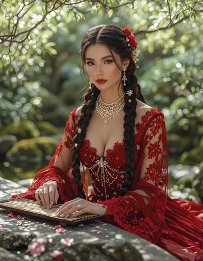 In this captivating image, a woman is seated at a table adorned with a traditional Japanese musical instrument, likely a shamisen. She is dressed in a striking red gown, which features intricate lace sleeves and a low-cut neckline embellished with delicate beading. Her long, dark hair is styled into two elegant braids that cascade over her shoulders, each adorned with a red flower. She wears a matching red flower in her hair, complementing her outfit. Her accessories include a silver necklace and dangling earrings, adding a touch of sophistication to her ensemble. The woman's hands rest gently on the table, showcasing rings on her fingers. The background is softly blurred, revealing a lush forest with trees and bushes, creating a serene and enchanting atmosphere.