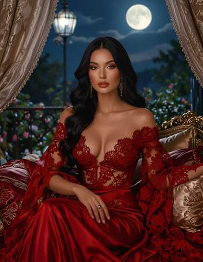 A captivating image features a woman with long, dark hair cascading over her right shoulder, seated on a luxurious gold chair. She is adorned in a stunning red dress with intricate lace detailing, which elegantly reveals her shoulders and chest. The dress has a unique design, with a cut-out section at the midriff, adding a touch of allure. Her right arm is gracefully draped over her right leg, showcasing a ring on her ring finger. The backdrop is equally enchanting, with a balcony adorned with a black railing and a black street lamp. The scene is framed by lush green trees and bushes, with a large, luminous moon casting a soft glow over the entire setting. The woman's poised demeanor and the serene ambiance combine to create a mesmerizing visual experience.