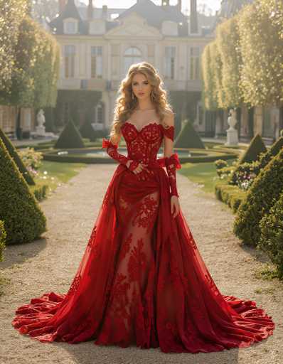 In this captivating photograph, a young woman with long, wavy blonde hair stands gracefully in the center of a meticulously manicured garden. She is adorned in a stunning, floor-length red dress that features intricate lace detailing and a sheer skirt with a floral pattern. The dress has a sweetheart neckline and is complemented by elbow-length gloves with ruffled cuffs. Her makeup is elegantly done, with dark eyeshadow and lipstick, and she wears long, dangling earrings that add to her sophisticated appearance.

The garden around her is a masterpiece of landscaping, with neatly trimmed triangular topiaries and square hedges creating a geometric pattern. A gravel pathway meanders through the garden, leading to a central fountain. In the background, a grand mansion with a white exterior and a gray roof looms, its numerous windows reflecting the sunlight. The mansion's architecture is reminiscent of a French chateau, adding to the overall elegance of the scene. The photograph is taken during the daytime, with the sunlight casting a warm glow over the entire setting, enhancing the beauty of the woman and her surroundings.